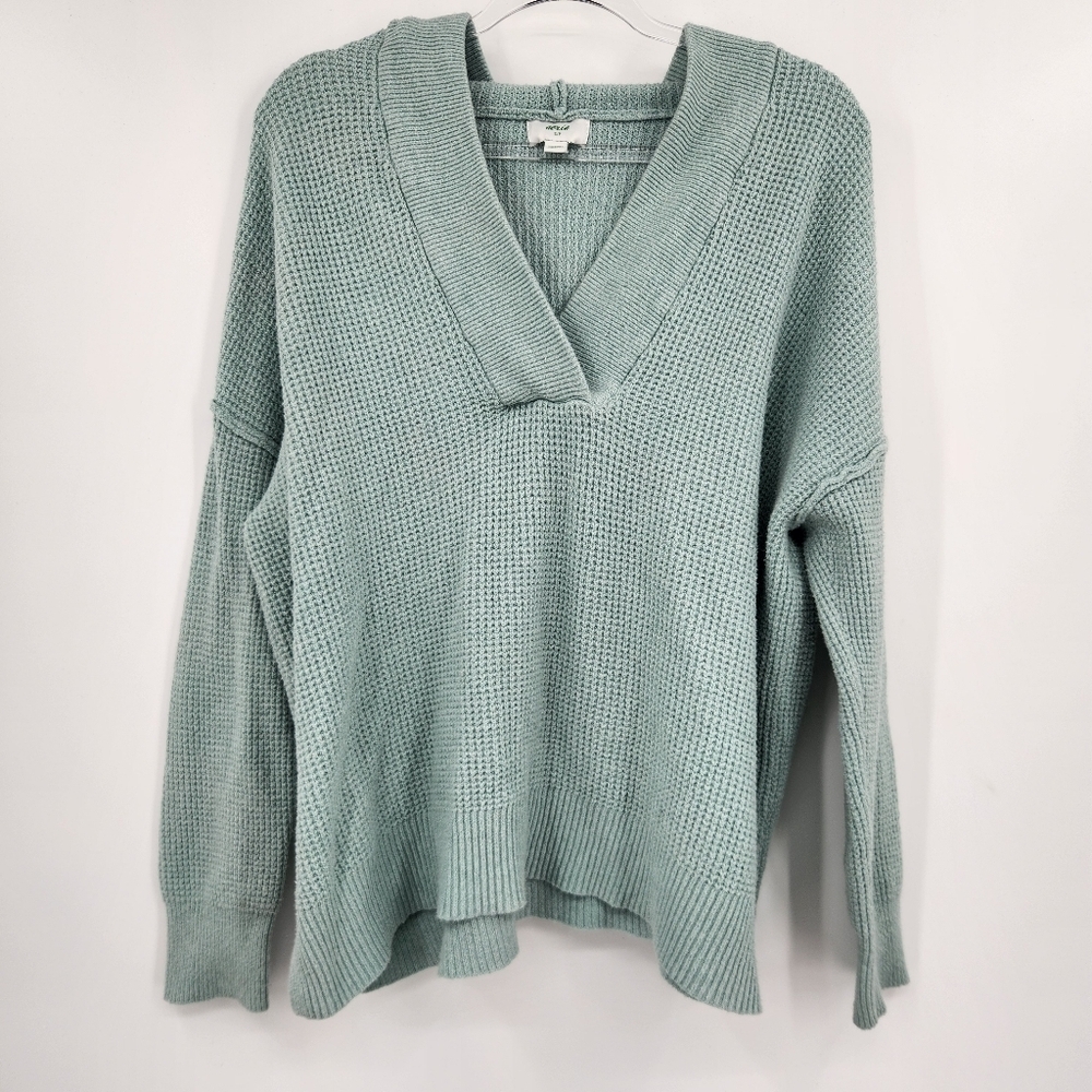 Aerie Cozyup Waffle Sweater Hoodie Womens Size Small Seafoam Green V Neck